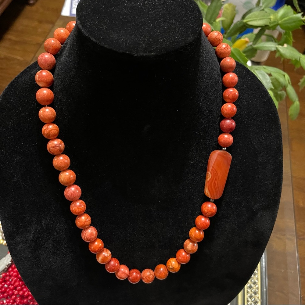 Necklace - Semi Precious stone Carnelian Agate and Red Orange round beads